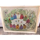 A framed stylised crewelwork embroidery of the last supper, the apostles around a table framed by