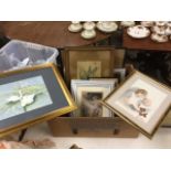 A box of miscellaneous framed pictures including a signed watercolour of swans, childrens prints,