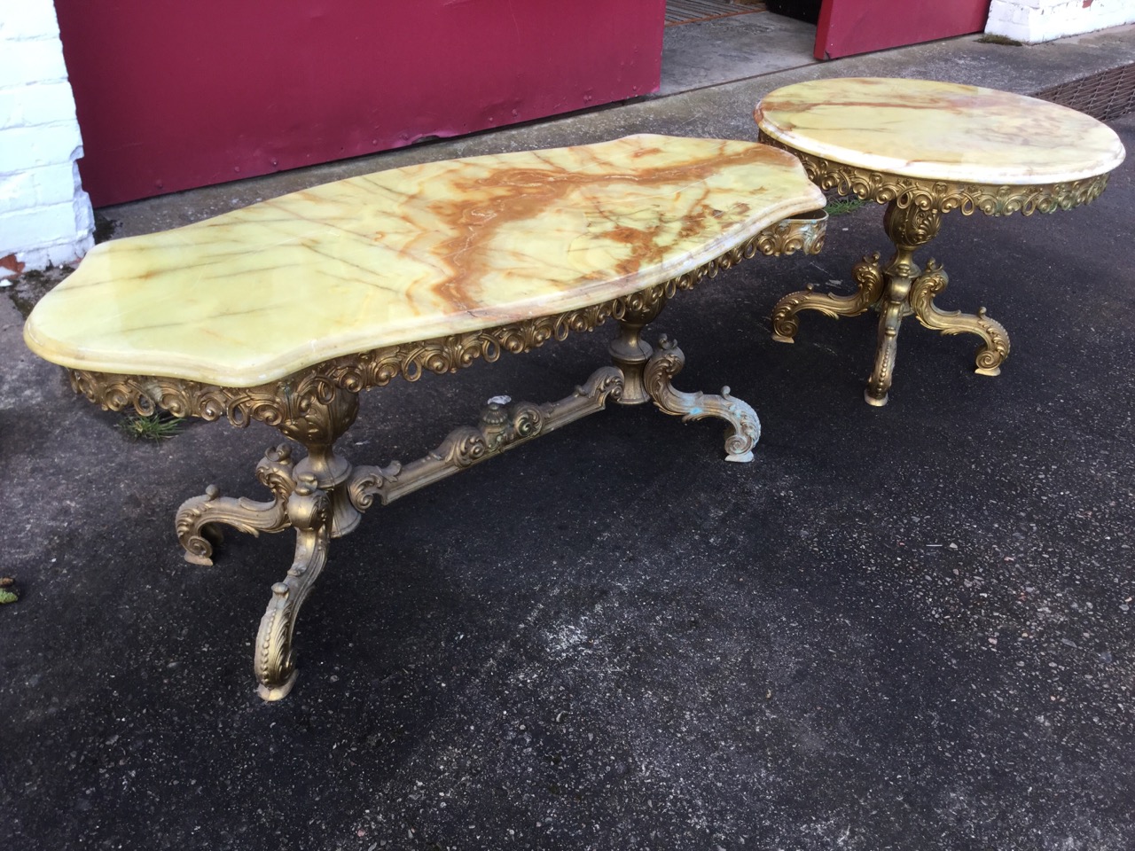Two onyx coffee tables, one circular and one rectangular scalloped, raised on gilt metal scrolled - Image 2 of 3