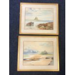 J Armitage, watercolours, a pair, Lindisfarne & Bamburgh coastal scenes with figures, signed & dated