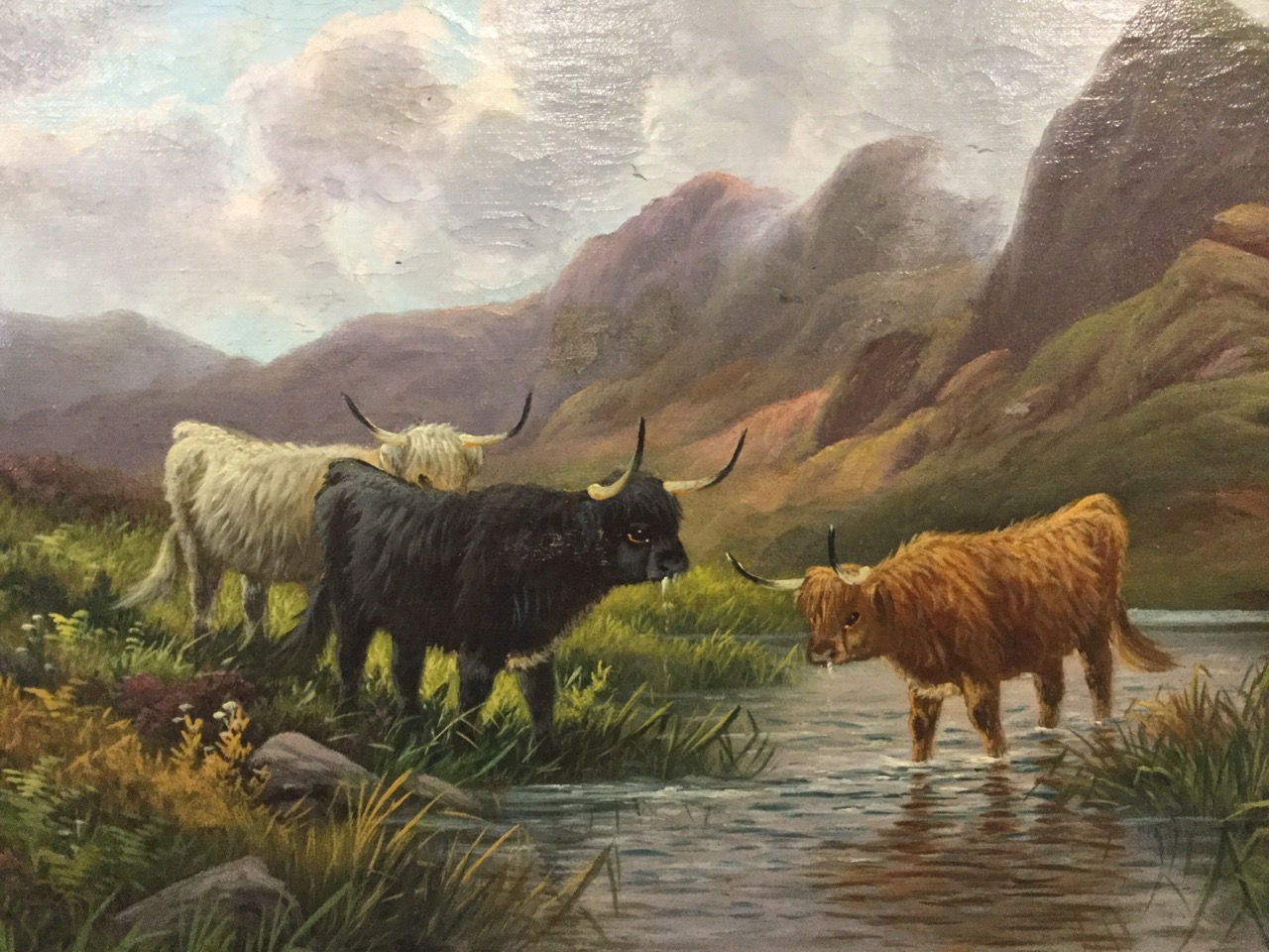 E Hauton, nineteenth century oil on canvas, highland cattle watering in landscape, signed & gilt - Image 3 of 3