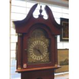 A modern longcase clock, with swan-neck pediment above an arched door flanked by fluted columns