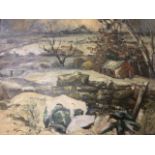 Alan Thompson, oil on board, winter landscape over stone wall, titled to label verso November Snow