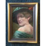 Oil on board, bust portrait of a young lady, signed with monogram & Veun, German gallery label to