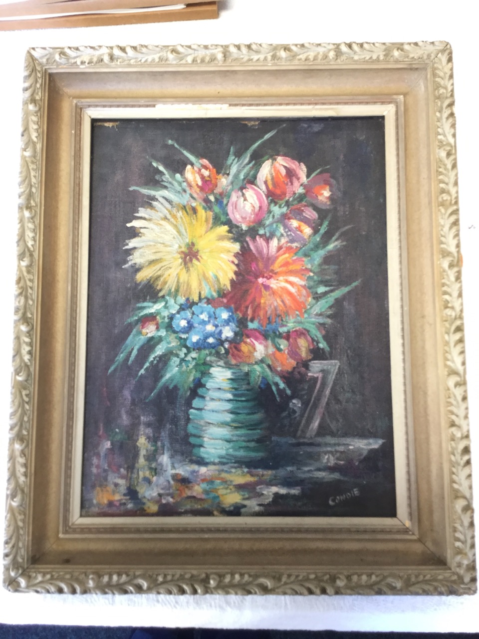 Condie, oil on board, still life with vase of flowers, signed, in leaf moulded gesso frame. (12in