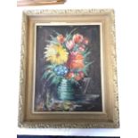 Condie, oil on board, still life with vase of flowers, signed, in leaf moulded gesso frame. (12in