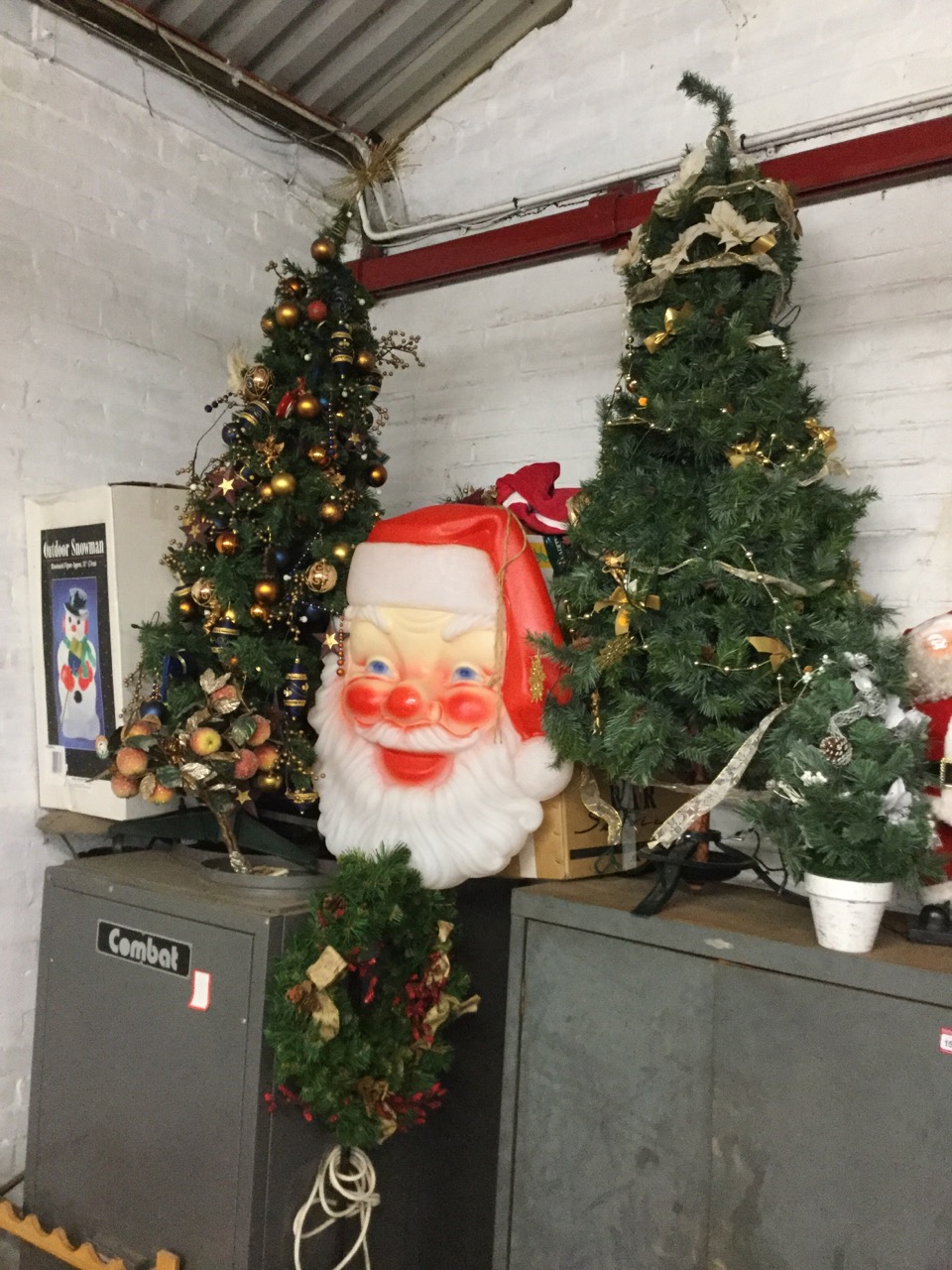 A quantity of Christmas decorations including two trees, a giant lighting up Santa head, tinsel, - Image 2 of 3