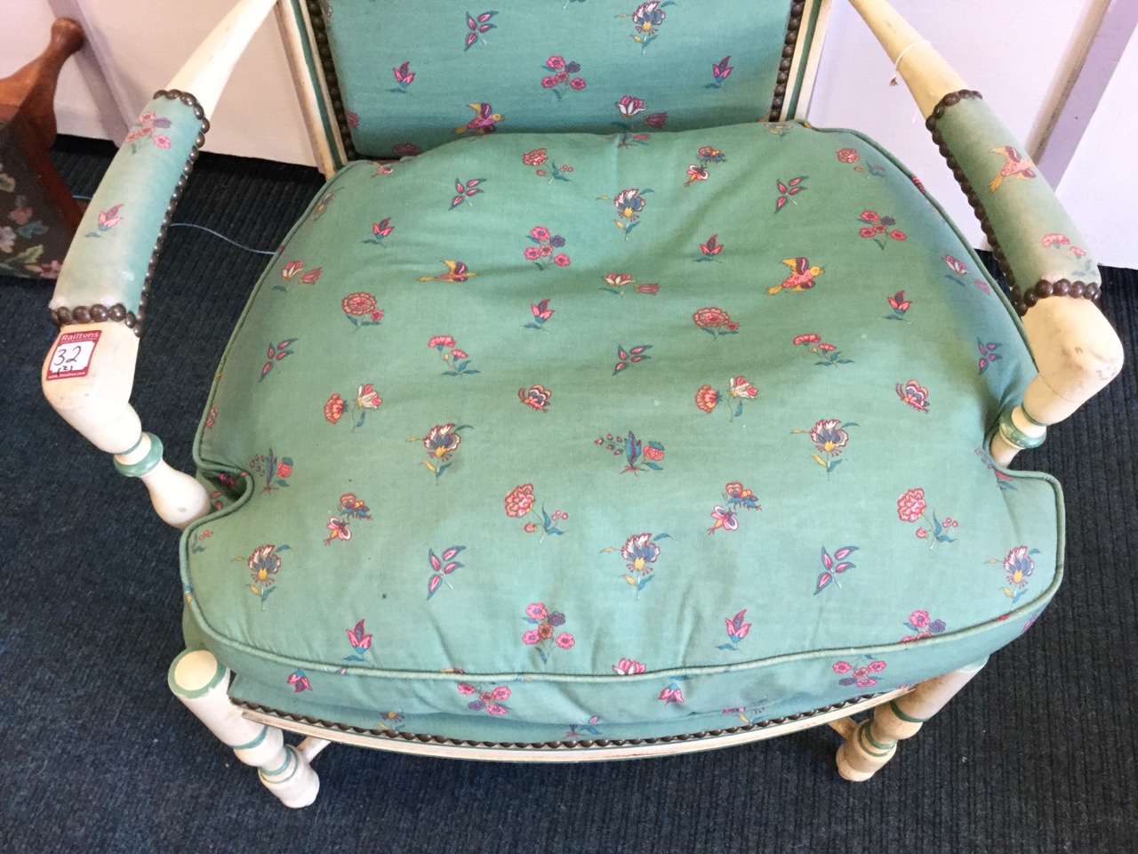 A pair of painted upholstered armchairs, the arched moulded backs with brass studding framing - Image 3 of 3