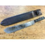 A Korean war machete, the tapering wide blade by Kitchen Ltd dated 1955, in an earlier leather