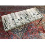 A signed and handpainted 1961 tile top coffee table, the twenty one tiles forming a panel of