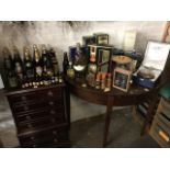 Miscellaneous booze including boxed whiskey, commemorative ale, empty tins, miniature bottles of
