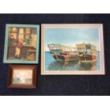 John Scoones, oil on board, study of two fishing boats, signed & dated, framed; a small framed oil