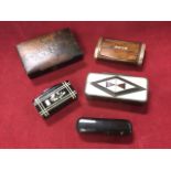 Five miscellaneous Victorian snuff boxes - horn with ivory & mother-of-pearl panels to lid, rosewood