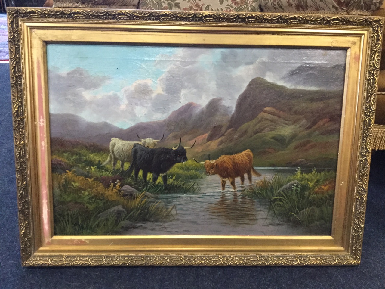 E Hauton, nineteenth century oil on canvas, highland cattle watering in landscape, signed & gilt