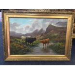 E Hauton, nineteenth century oil on canvas, highland cattle watering in landscape, signed & gilt