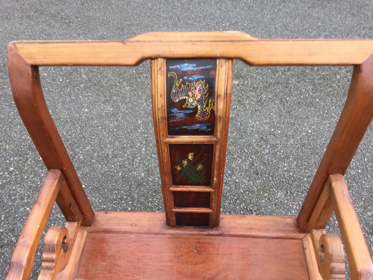 A Chinese armchair in pine, having yoke back rail above splat with framed painted panels, the square - Image 3 of 3