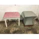 A Victorian waisted square leather upholstered stool with brass studding, on moulded plinth with bun