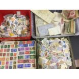 A stamp collection with some paper money including two boxes of loose stamps, one schoolboy album,