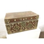 A nineteenth century hardwood box with brass mounts and studded decoration, the ends with carriage