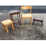A Victorian pine cracket stool with shaped aprons on angled supports; a 60s chair with rounded back;
