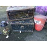 Two wartime ammunition boxes of panelled construction with swing handles; a tapering hanging