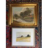 Oil on canvas, canal landscape with barge, signed indistinctly & gilt framed; and a watercolour