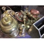Miscellaneous brass including a Victorian chestnut roaster, a magazine rack, candlesticks, copper