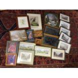 A box of miscellaneous framed prints, needlework, landscapes, a handcoloured French print, a set