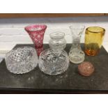 Miscellaneous glass including a flared cranberry vase, cut fruit bowls, an amber nailsea type