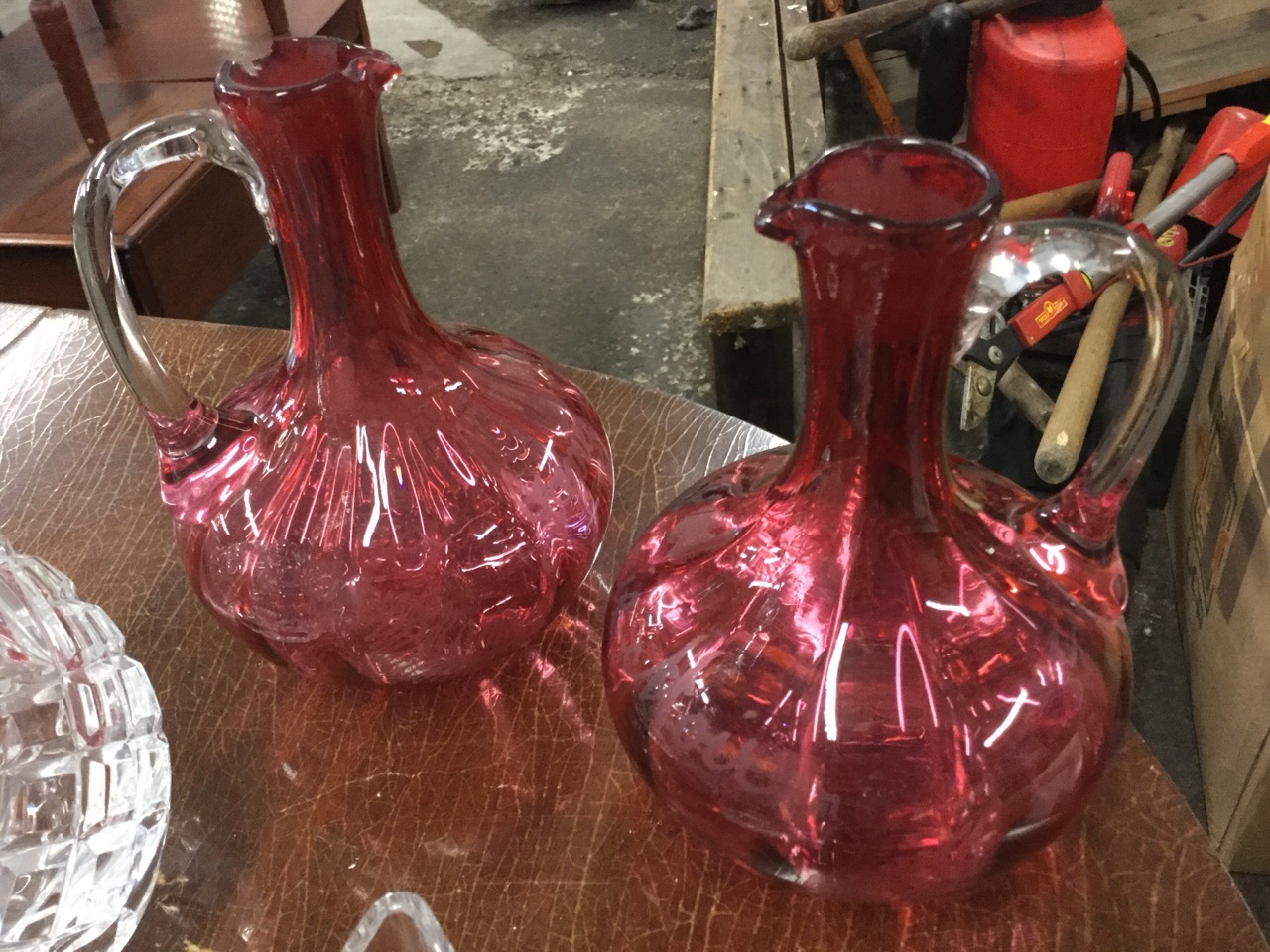 Miscellaneous glass including an 1878 fern engraved twin flask, a pair of cranberry 1895 claret - Image 3 of 3