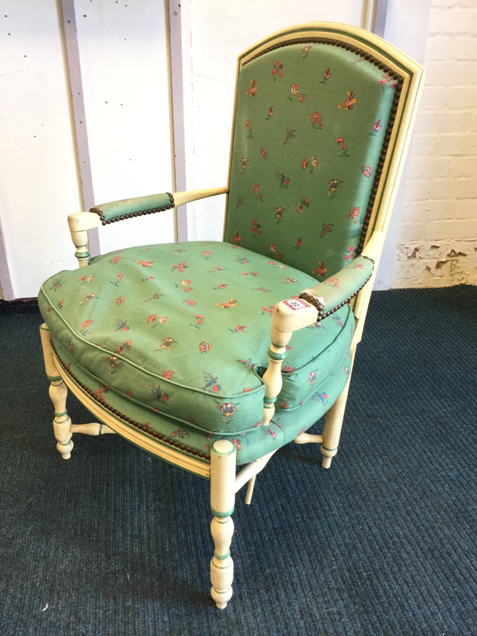 A pair of painted upholstered armchairs, the arched moulded backs with brass studding framing - Image 2 of 3