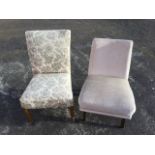 A brocade upholstered bedroom chair with sprung seat on turned legs; and another similar on