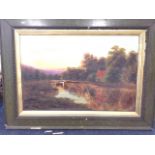 TP Fallaw (?), nineteenth oil on canvas, sunset river landscape with cottage, signed & dated