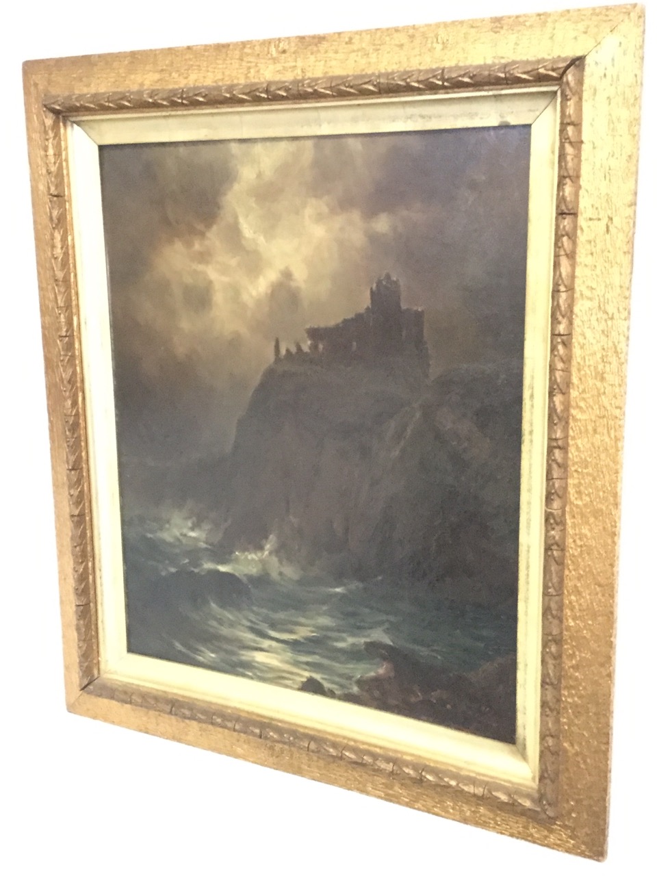 JF Slater, oil on canvas, coastal study of Slains Castle, Aberdeenshire, the ruin on cliffs above