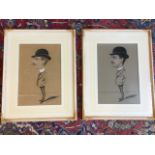 Pastel on brown paper, a pair, cartoon style studies of bowler hatted gentlemen, signed indistinctly