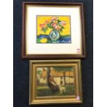 Oil on board, seated figure with lamb outside farmhouse, unsigned & gilt framed; and Winifred Flynn,