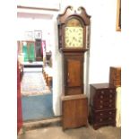 A Victorian country oak longcase clock, with swan neck pediment above a hood flanked by turned