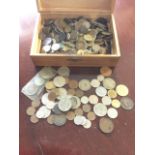 A collection old coins in pine box, mainly GB - copper & silver, some foreign, etc. (654)