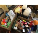 A collection of miscellaneous soft toys including Disney characters, Shawn the sheep, a gollwog,