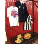 A collection of signed sporting items, a Newcastle football shirt, a leather rugby ball, a T-