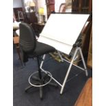 A contemporary 3ft drawing board on folding stand, the desk with weighted rule, complete with