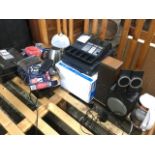 Miscellaneous electrical gear including electronic tills, kettles, speakers, a tablelamp,