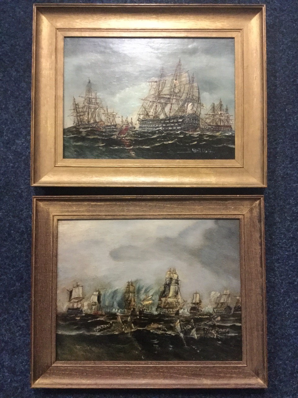 F Middleton, marine oil on boards, a pair, The Battle of Trafalgar and Saluting HMS Victory off