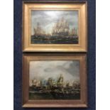 F Middleton, marine oil on boards, a pair, The Battle of Trafalgar and Saluting HMS Victory off