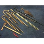 A C20th Austrian ice axe with leather cover; twelve walking sticks/umbrellas - two with hallmarked