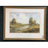 Anthony Finlay, watercolour, river landscape with cows and bridge, signed in pencil, mounted &