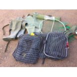 A carp keep net; two pairs of waders; a cased fishing shelter; a cased tripod fishing rod holder;
