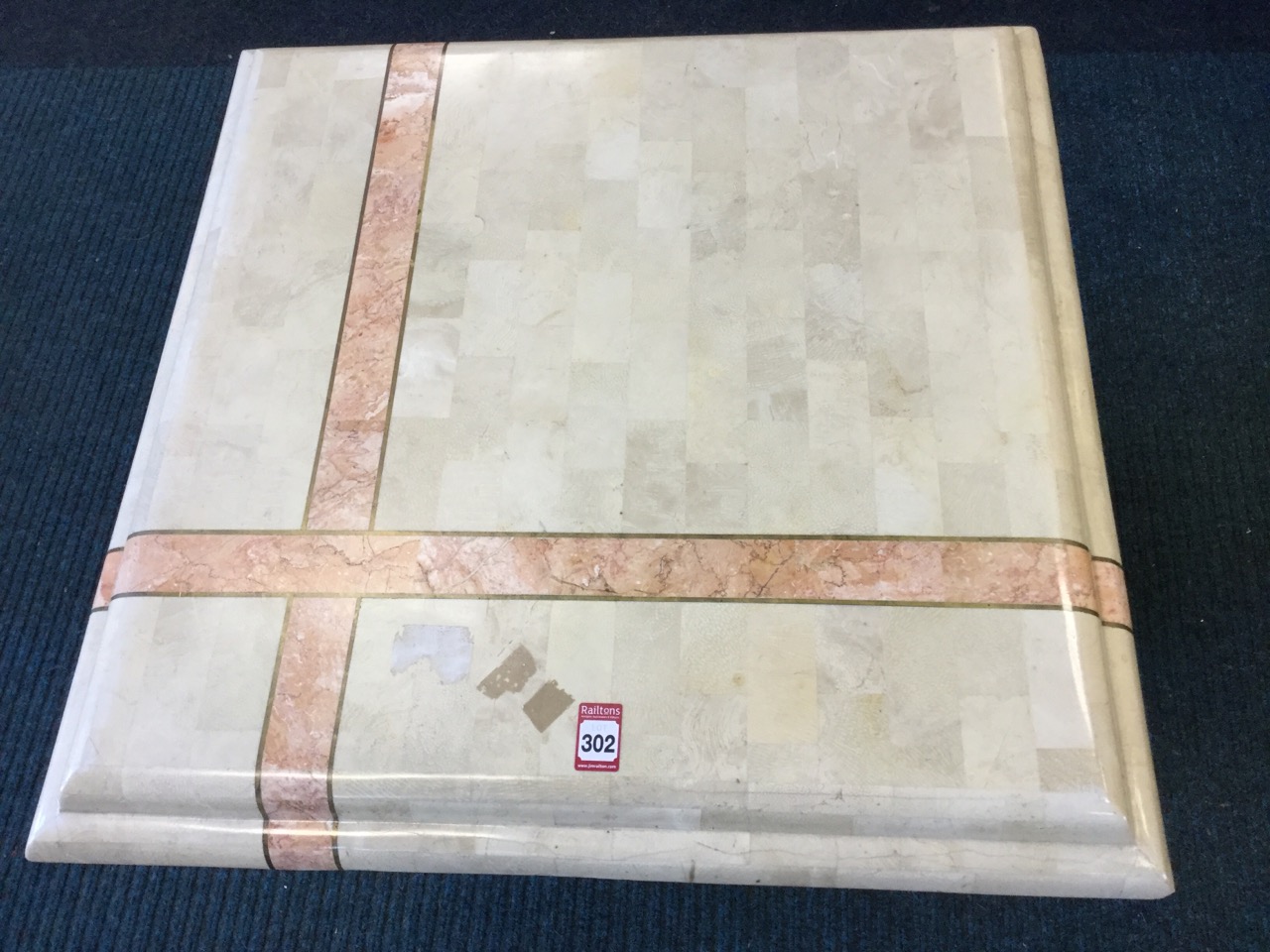 A square faux marble coffee table, the moulded top with decorative bands supported a column with - Image 2 of 3