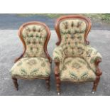 A ‘him & hers’ pair of Victorian mahogany spoonback chairs, with button upholstered backs above