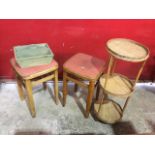 A pair of 60s square rounded beech kitchen stools with upholstered seats; a circular cane whatnot